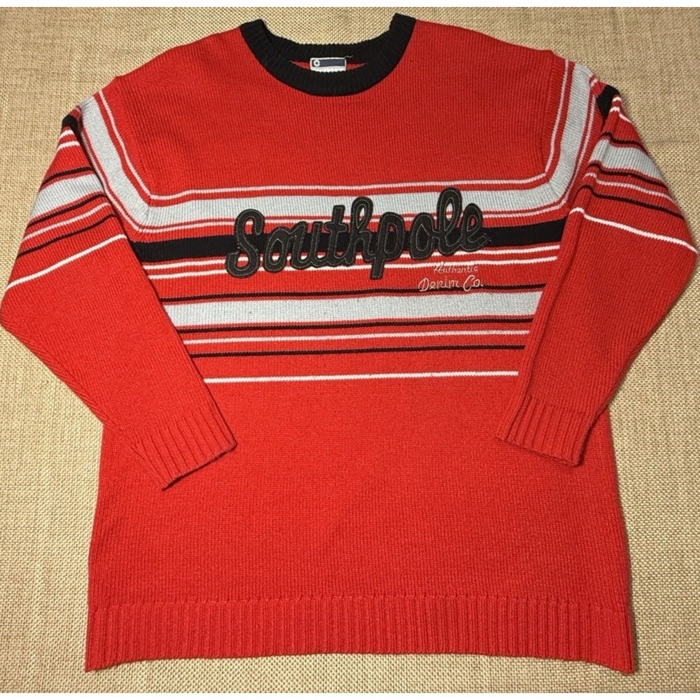 Vtg Southpole Sweater Mens XXL Red Chunky Knit Logo Grunge Y2K Spell Out 00s